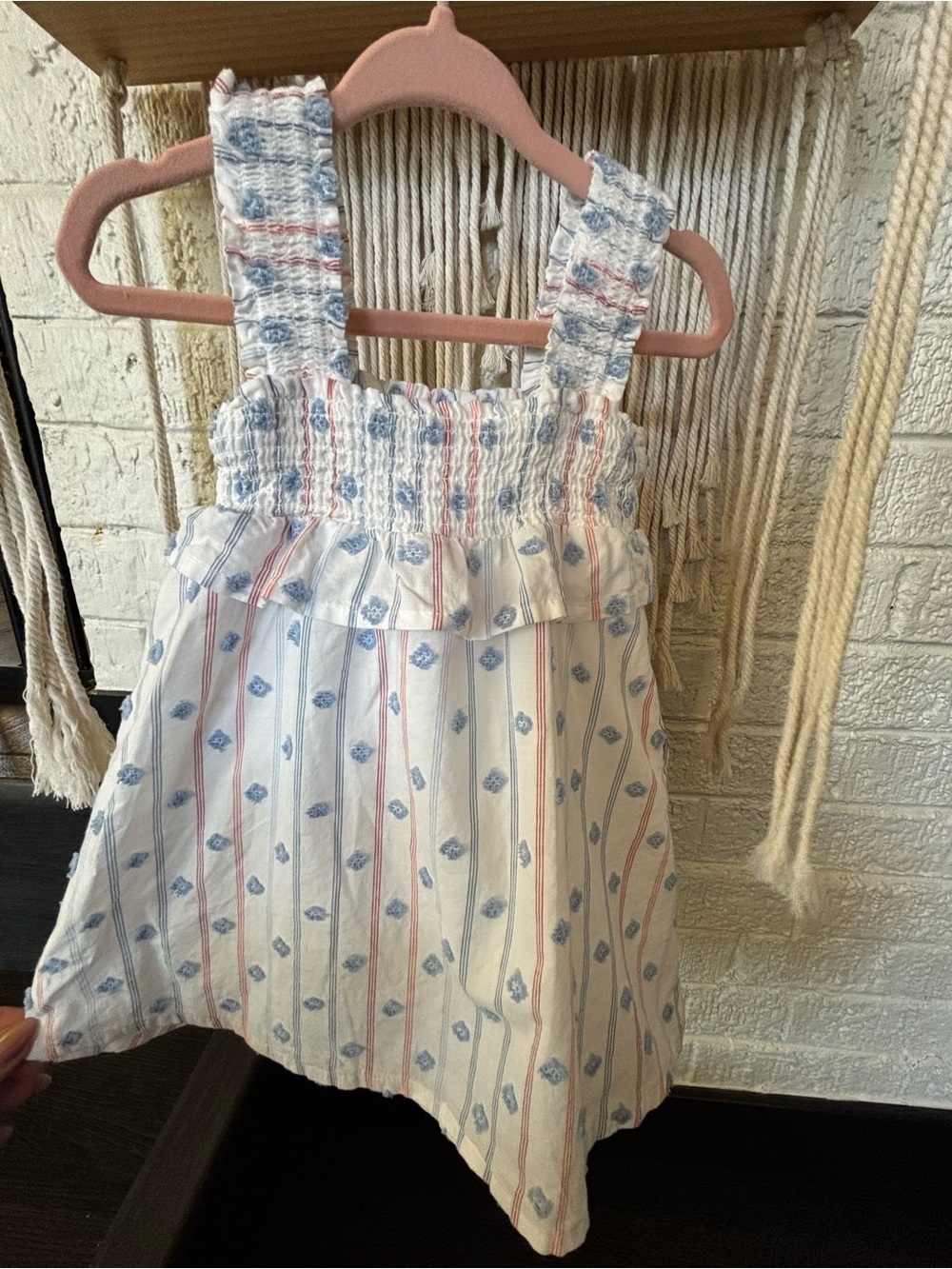 Cat & Jack White Sundress with Blue Floral and Pink Stripe Accents